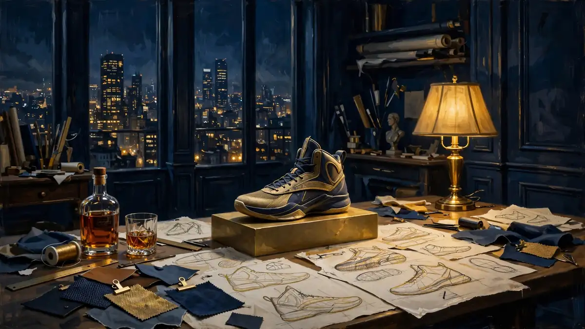 Stylized luxury design studio at night in navy and gold, sneaker prototype and bourbon bottle on a desk