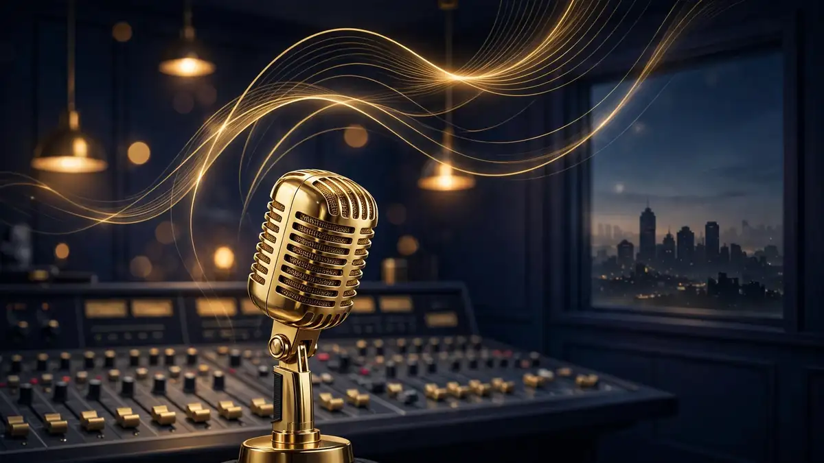 Golden broadcast microphone in a dark navy radio studio, evoking Steve Harvey's morning radio show