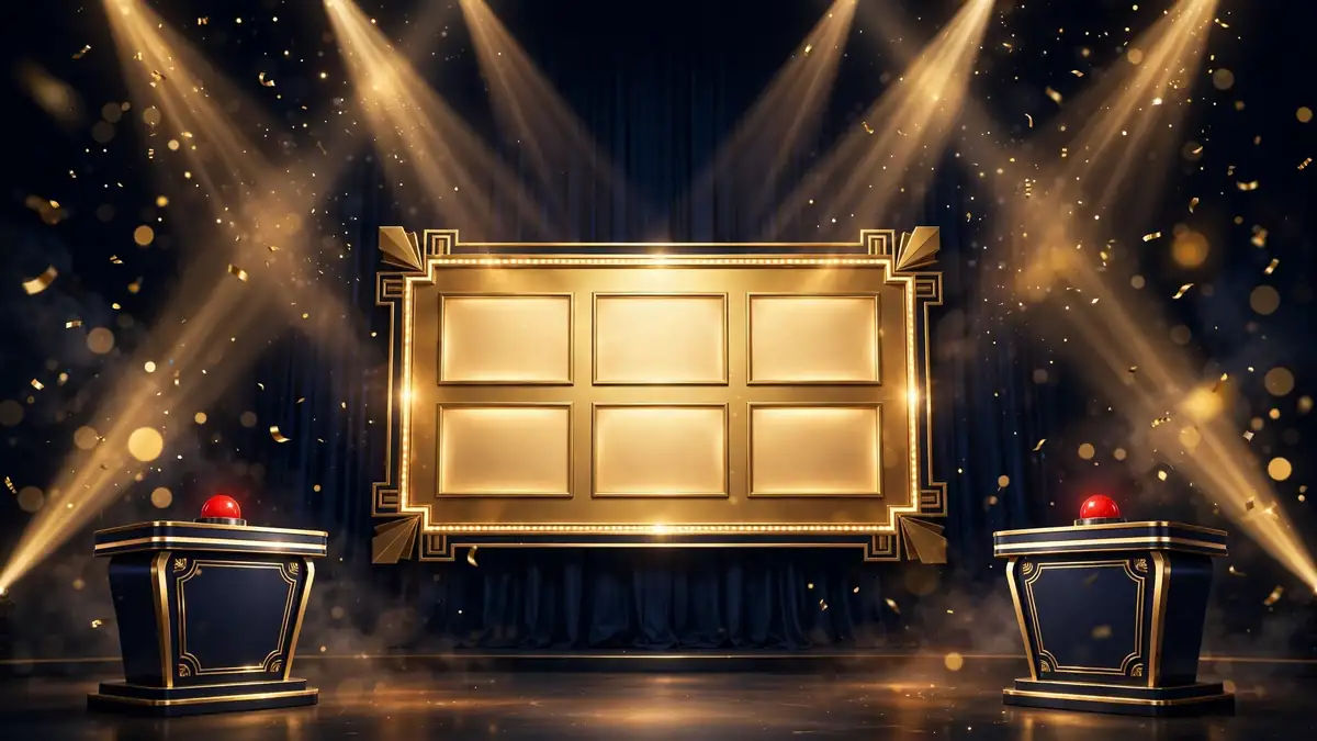 Golden game-show stage with a glowing survey board and family podiums under spotlights, evoking Family Feud