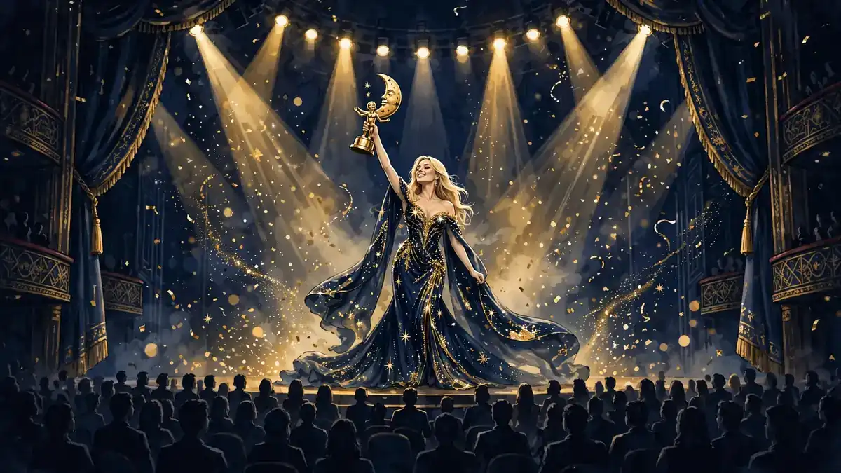Illustration of a blonde singer on a golden stage holding a moon-man trophy as confetti falls