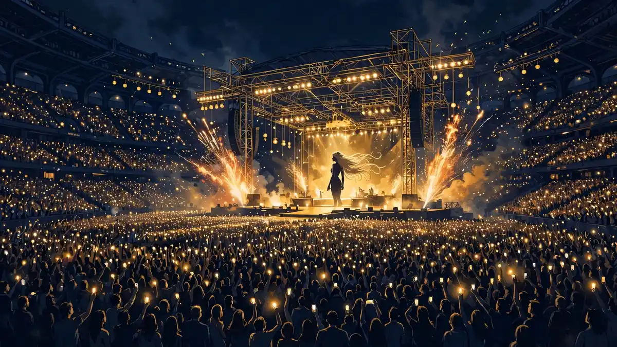 Illustrated night stadium during Taylor Swift's record-breaking Eras Tour with golden lights and pyrotechnics