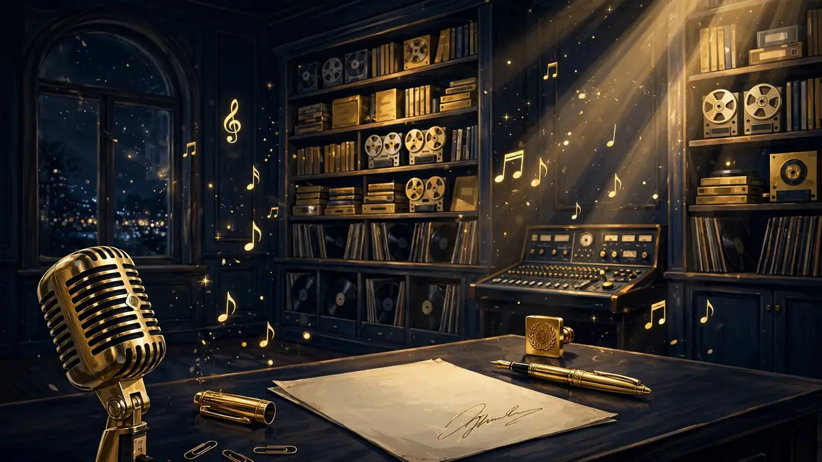 Illustrated vintage recording studio with master tapes, vinyl records, and a signed contract representing Taylor Swift's catalog ownership