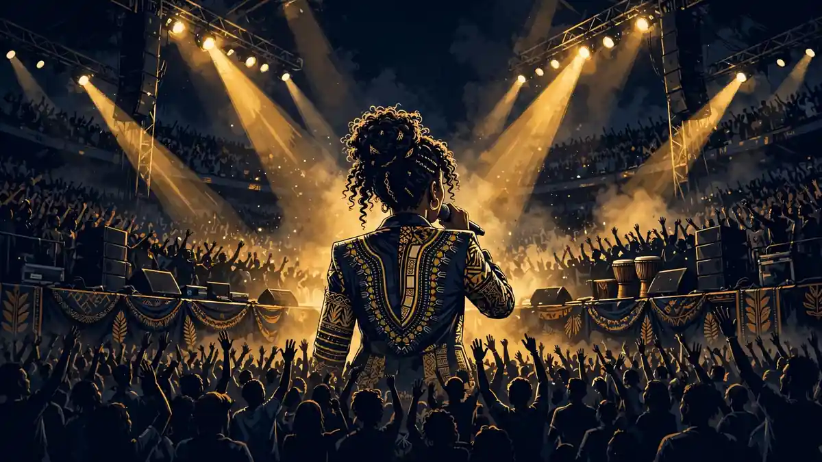 Stylized illustration of Tems performing on a packed arena stage at night