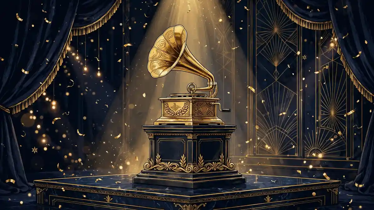Stylized illustration of a golden gramophone award trophy on stage