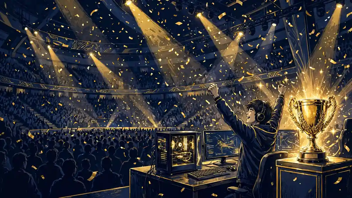 Illustrated esports player celebrating on a big arena stage beside a glowing golden trophy as gold confetti falls
