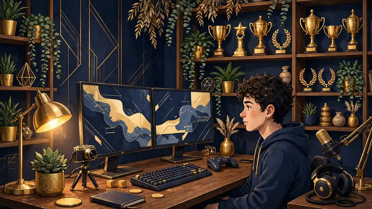Illustrated content creator streaming setup with dual monitors, microphone, camera and gold trophies on shelves