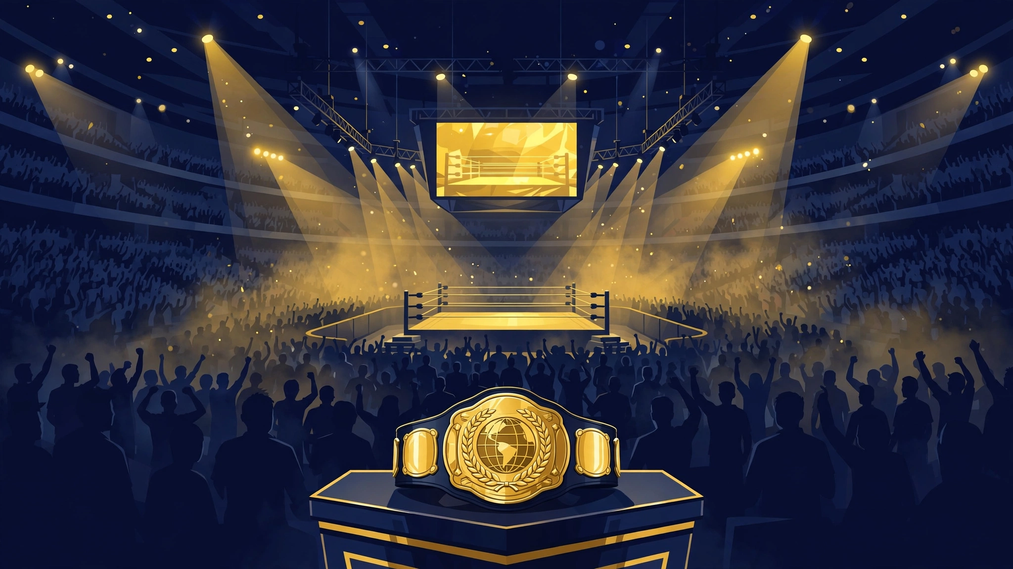 Illustrated wrestling arena at night with a championship belt on a podium under golden spotlights