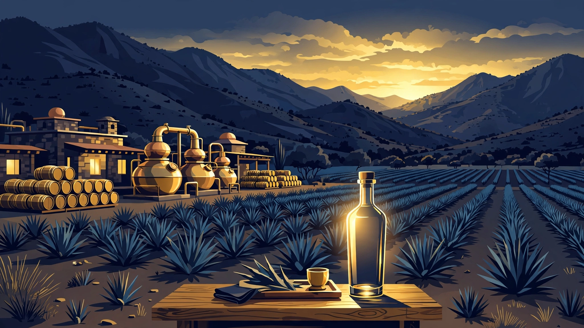 Illustrated tequila distillery in the Jalisco highlands at dusk with copper stills, oak barrels, and agave fields