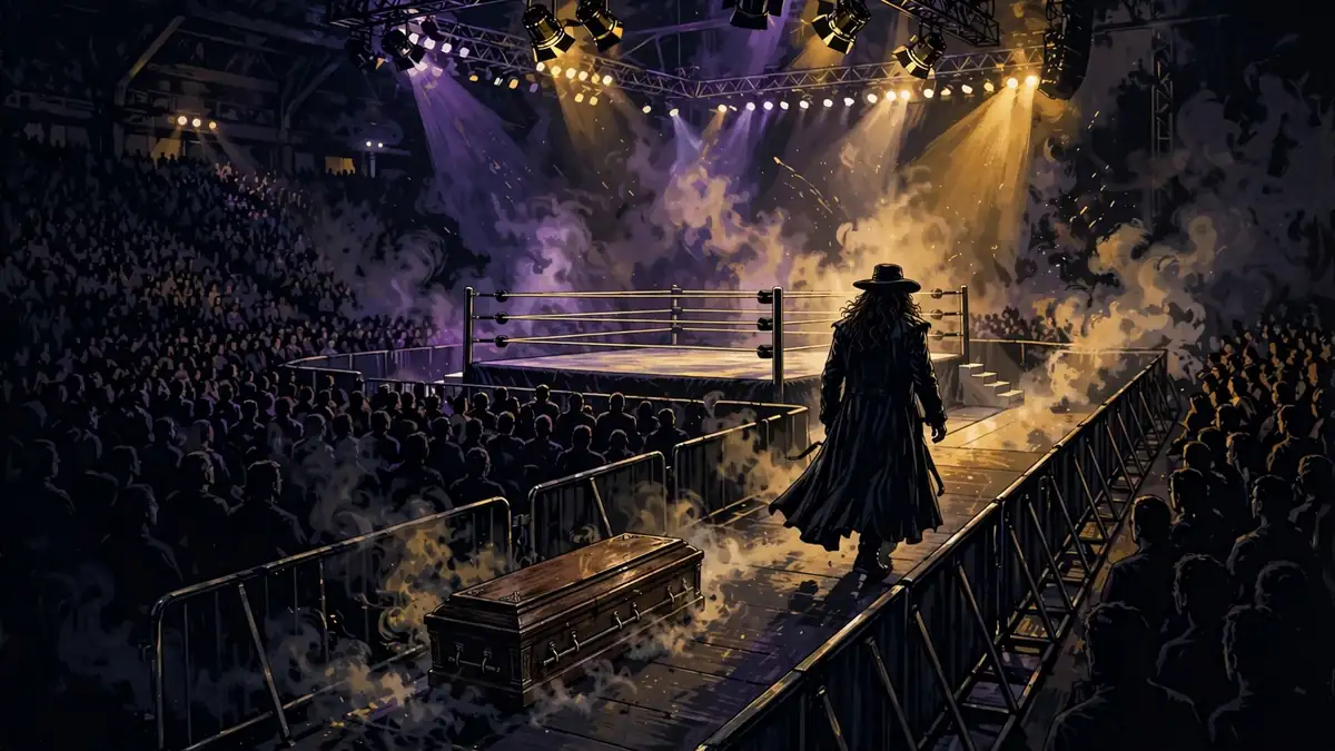 Illustrated 1990s wrestling arena entrance with a coffin and a long-haired silhouetted figure in a wide-brimmed hat under purple and gold lighting - The Undertaker's WrestleMania streak era