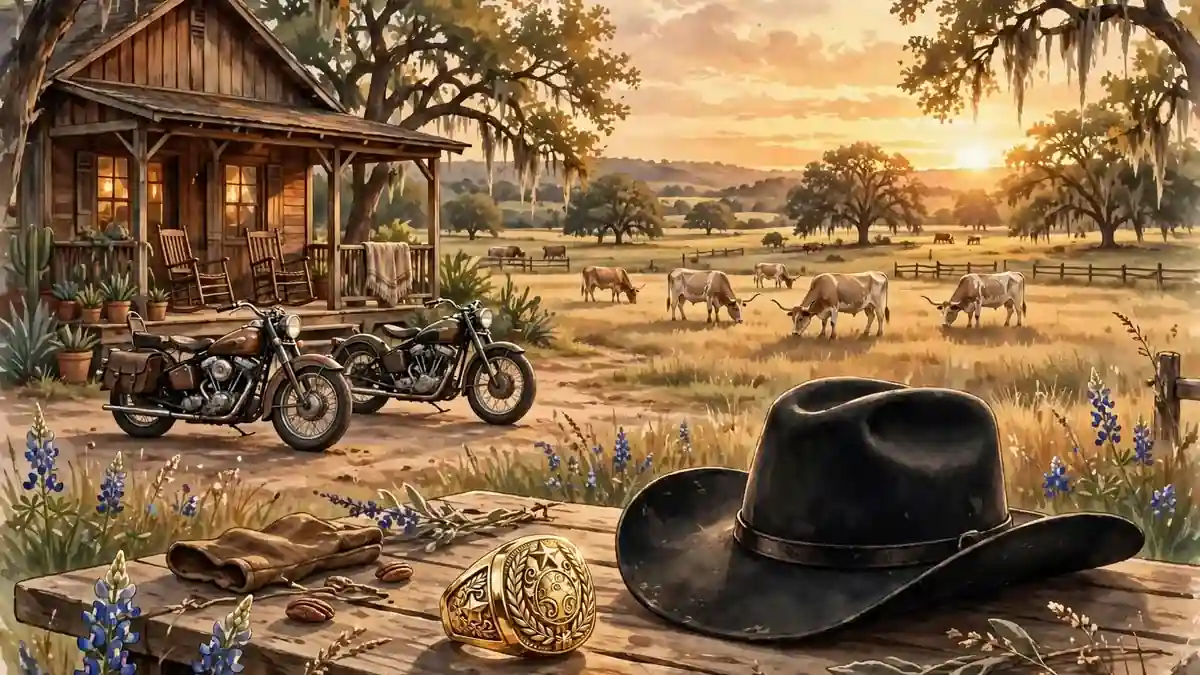 Illustrated Texas ranch at sunset with vintage motorcycles, a black wide-brimmed hat and a gold Hall of Fame ring resting on a wooden table - The Undertaker's retirement life in Austin, Texas