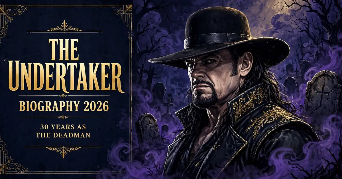 The Undertaker biography 2026 - Mark Calaway, the WWE Deadman, stylized portrait infographic