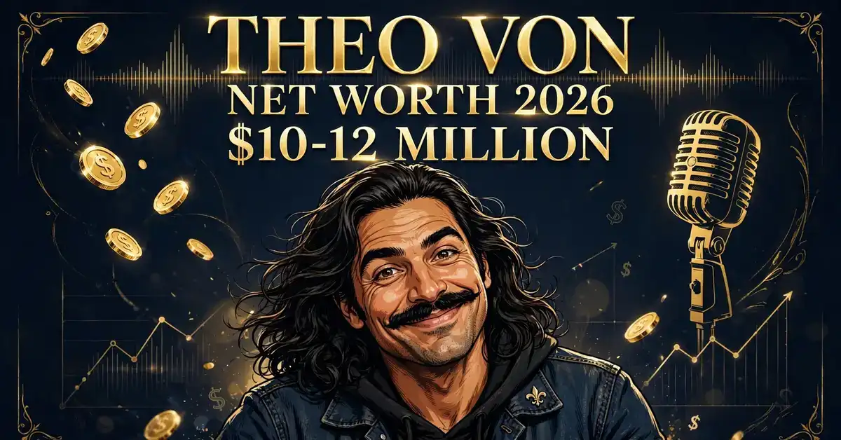 Theo Von net worth 2026 — estimated $10 to $12 million fortune infographic