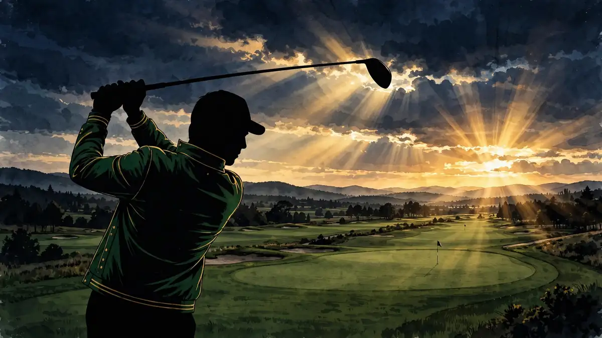 Illustrated golfer mid-swing at sunset on a championship course, representing Tiger Woods' dominant 2000s major years