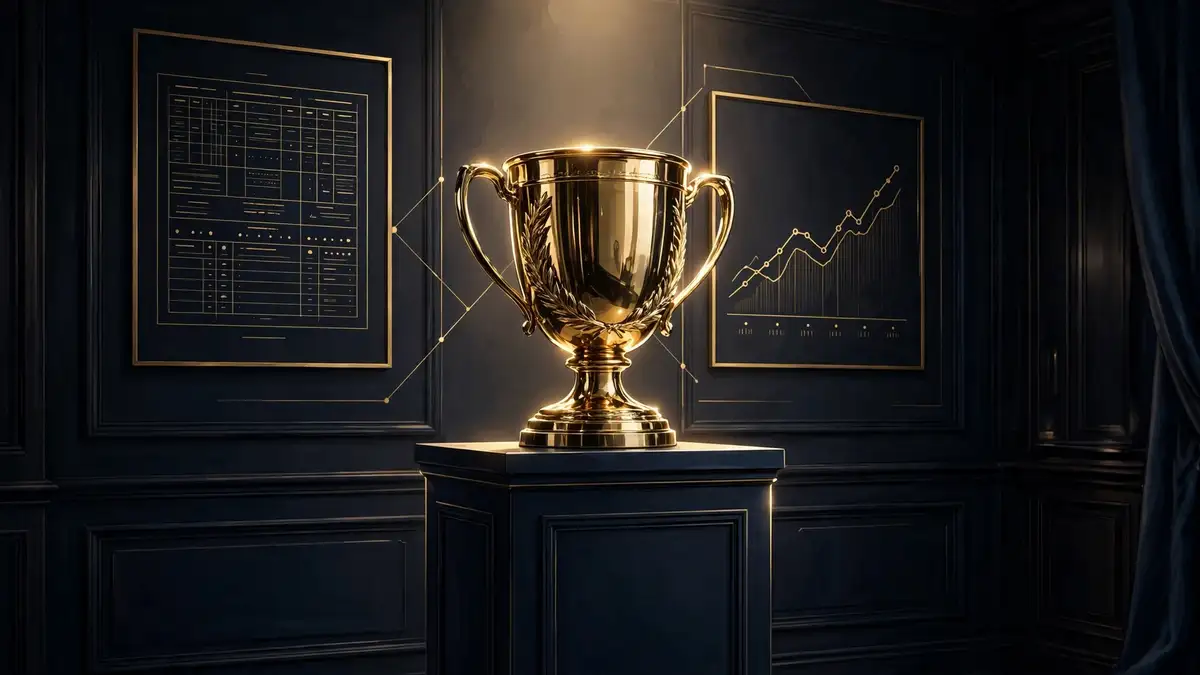 Gold championship trophy in a dark navy trophy room with career timeline motifs, representing Tiger Woods' 15 major championships