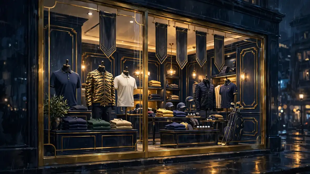 Luxury golf apparel flagship store at night in navy and gold, illustrating Tiger Woods' Sun Day Red era