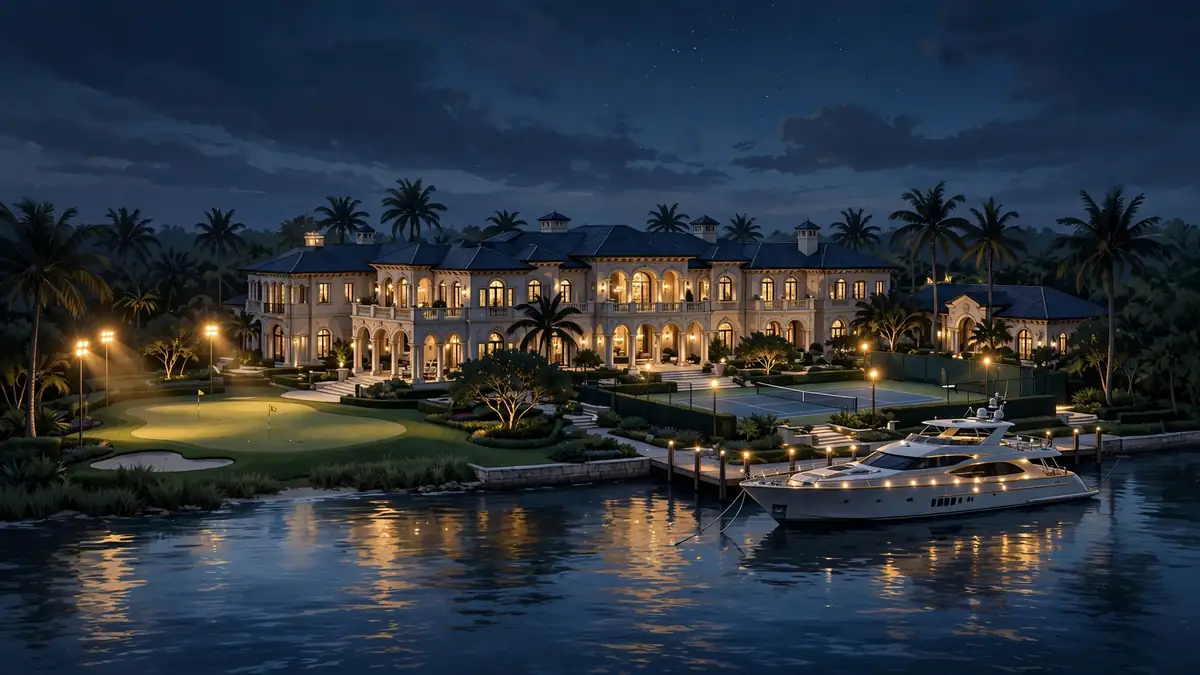 Luxury Florida waterfront mansion estate at dusk with golf practice green and yacht, illustrating Tiger Woods' Jupiter Island real estate