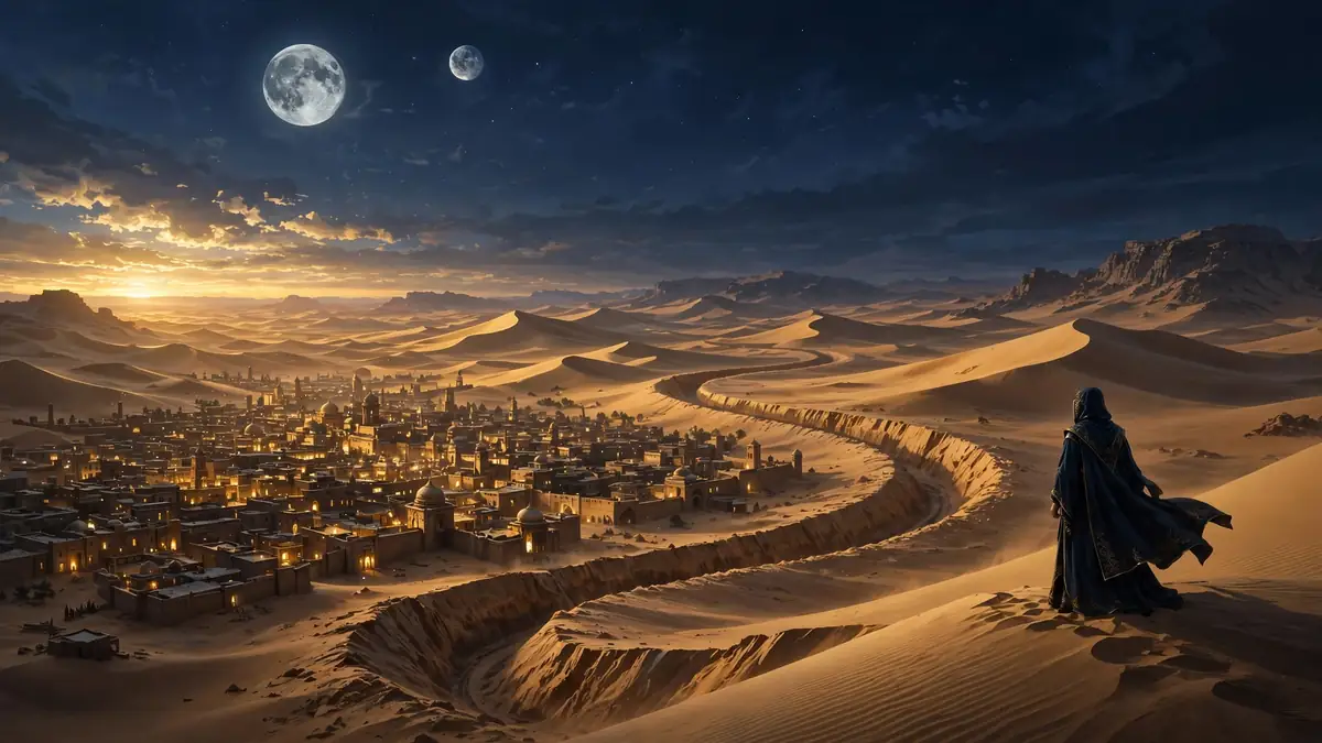 Illustrated desert planet landscape at golden hour with a robed figure overlooking a desert city under two moons