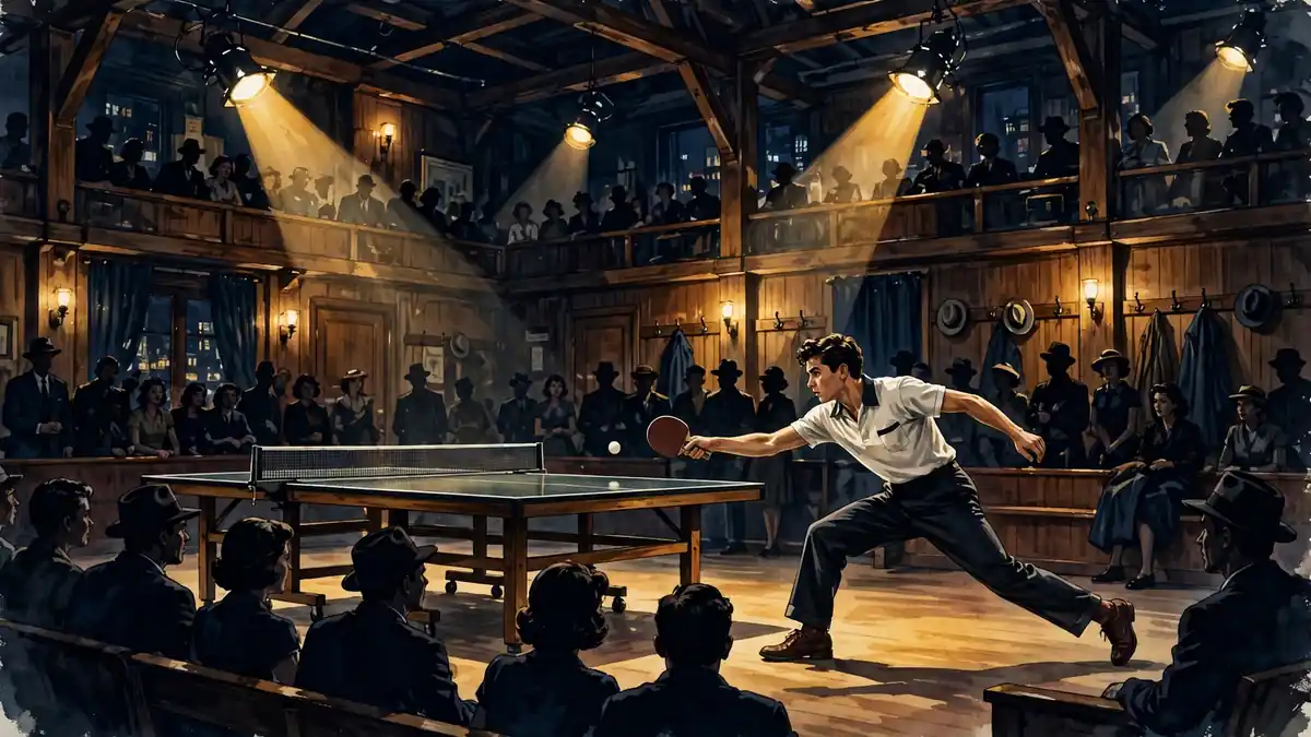 Illustrated 1950s New York table tennis hall with a young player lunging for a shot under warm spotlights