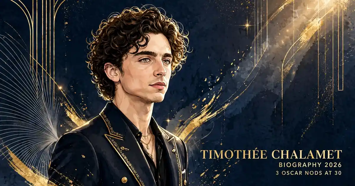 Timothée Chalamet biography 2026 — stylized illustrated portrait of the actor in a dark suit, TIMOTHÉE CHALAMET BIOGRAPHY 2026 3 OSCAR NODS AT 30 text
