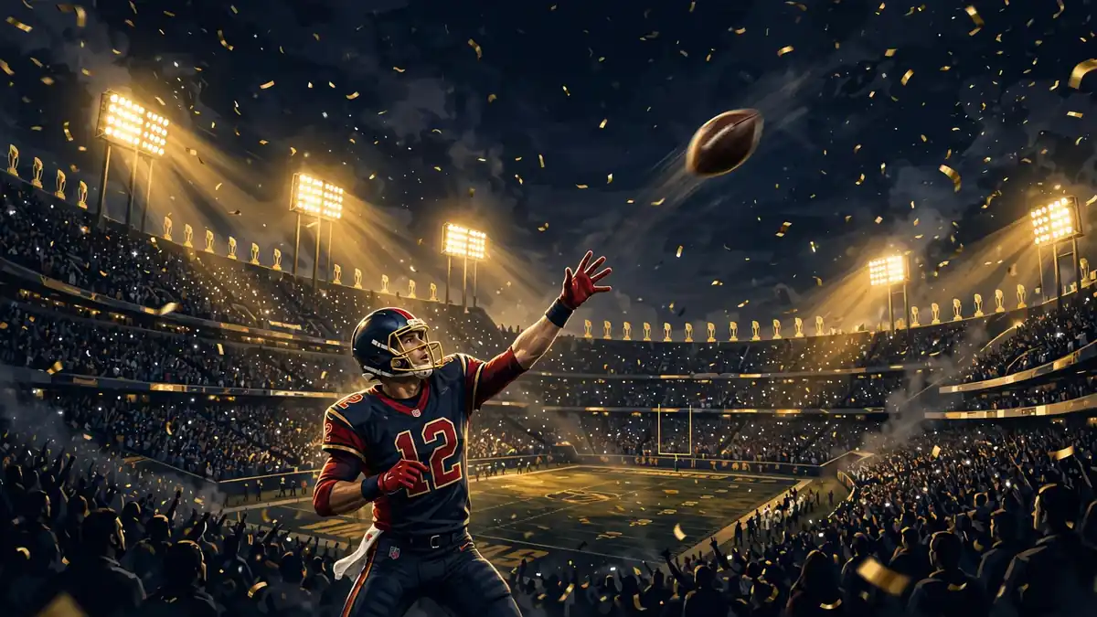 Illustrated night-stadium scene of a number-12 quarterback throwing under golden lights, championship trophies on the horizon