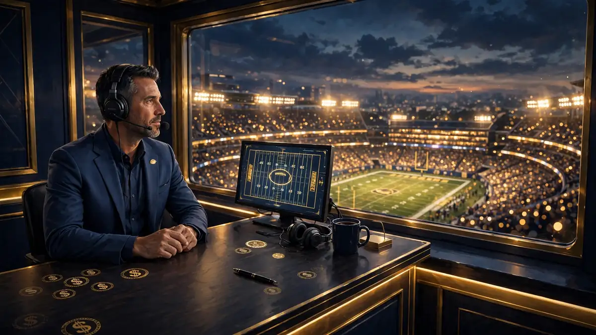 Illustrated broadcast booth at dusk with a suited analyst in a headset overlooking a glowing stadium