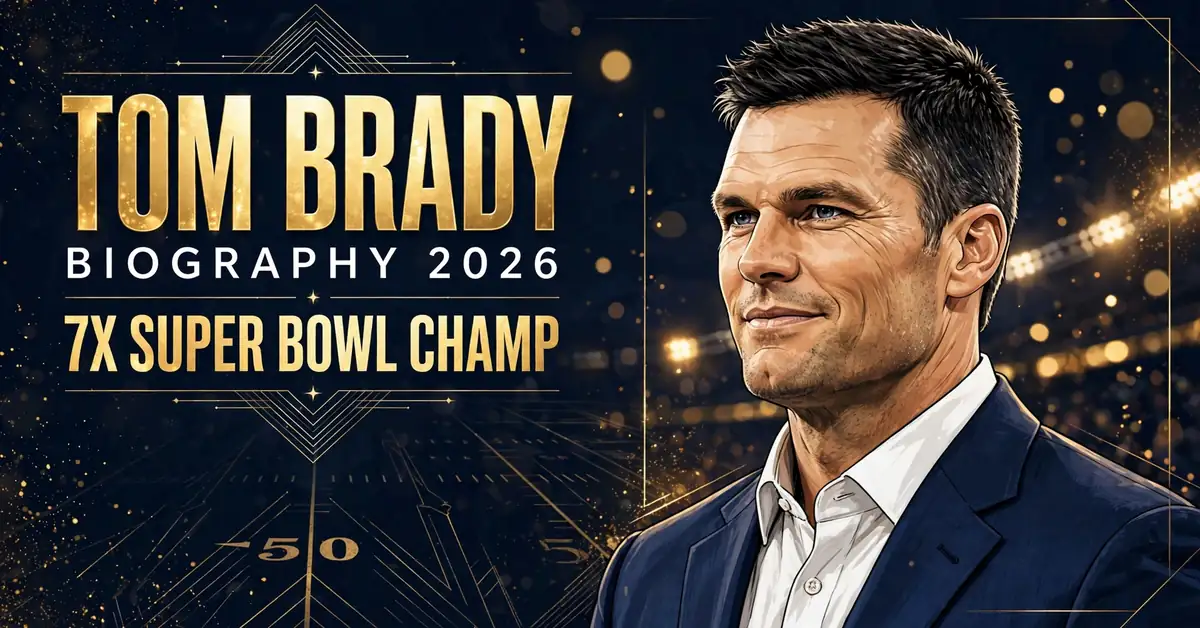 Tom Brady biography 2026 — illustrated portrait of the former NFL quarterback