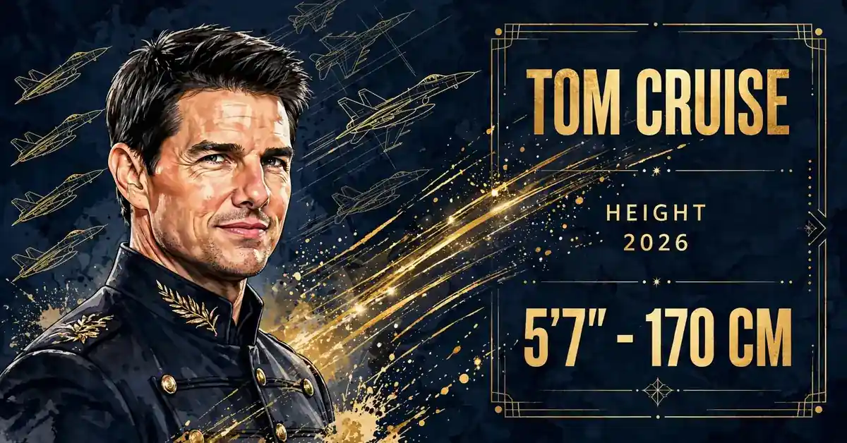 Tom Cruise height 2026 — illustrated portrait showing he stands 5 feet 7 inches (170 cm) tall