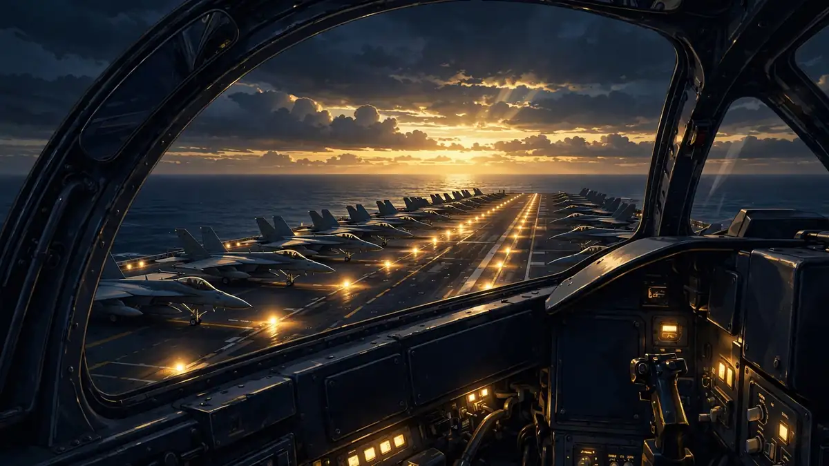 Illustrated night scene of a fighter jet over a glowing aircraft carrier, evoking Tom Cruise's Top Gun franchise economics