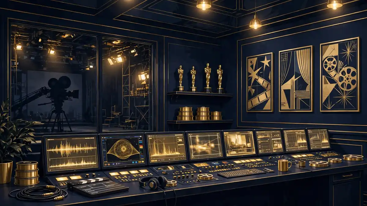 Illustrated Hollywood studio control room at night with glowing monitors and award statuettes, evoking Tom Cruise's producer business