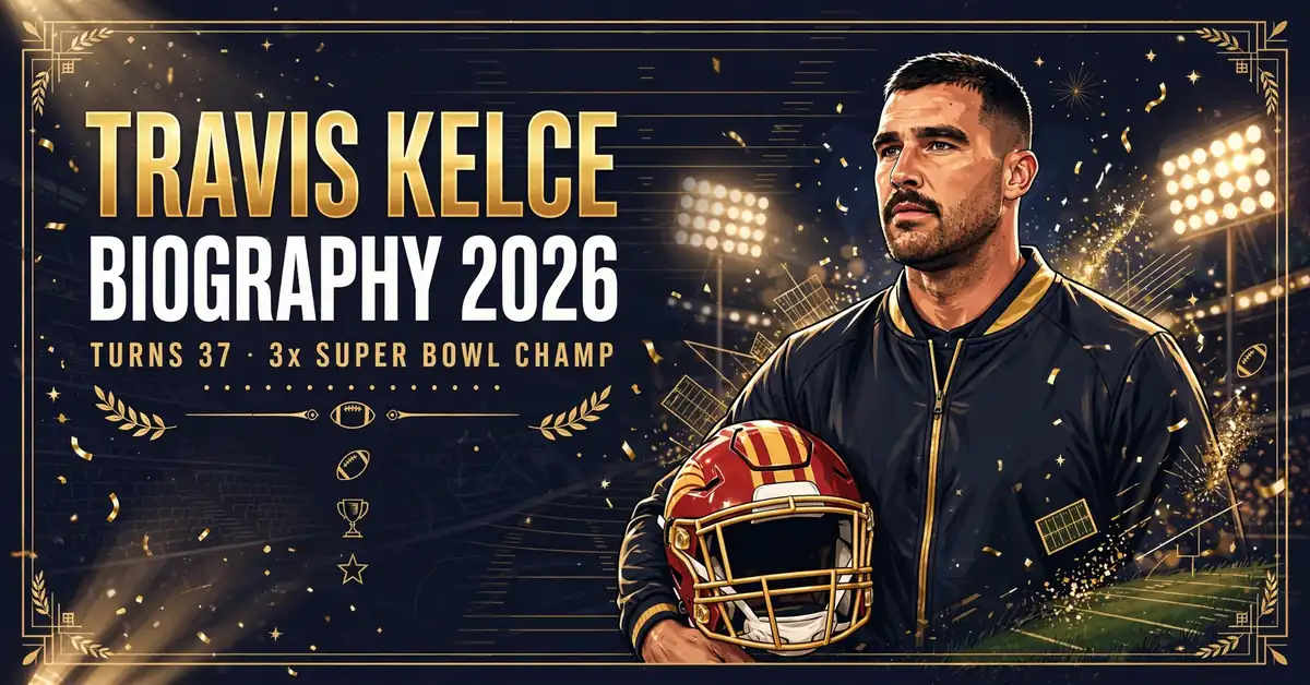 Travis Kelce biography 2026 — illustrated portrait of the Chiefs tight end: turns 37, three-time Super Bowl champion