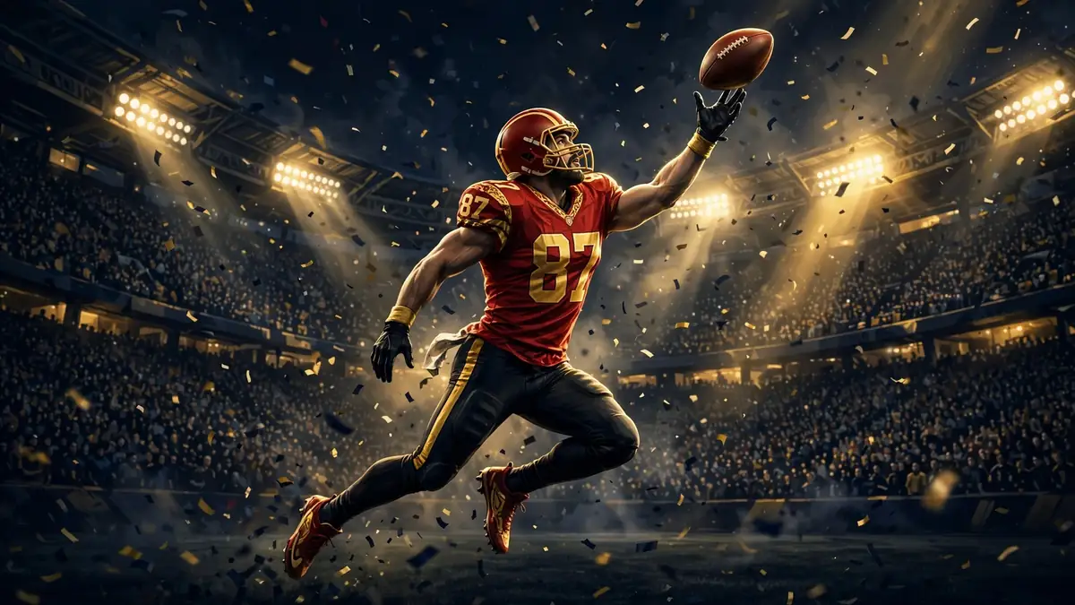 Illustration of Travis Kelce in a number 87 Chiefs jersey leaping to catch a pass under stadium lights