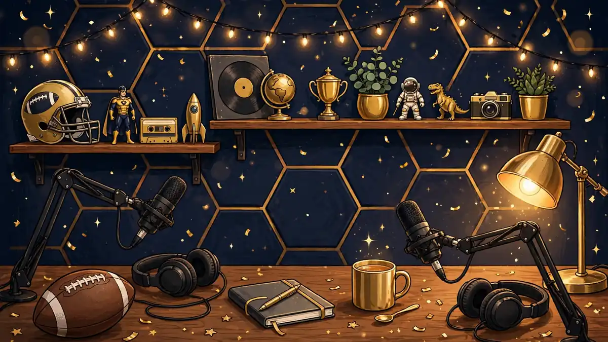 Illustration of a podcast studio desk with two microphones, headphones, and football memorabilia in navy and gold tones