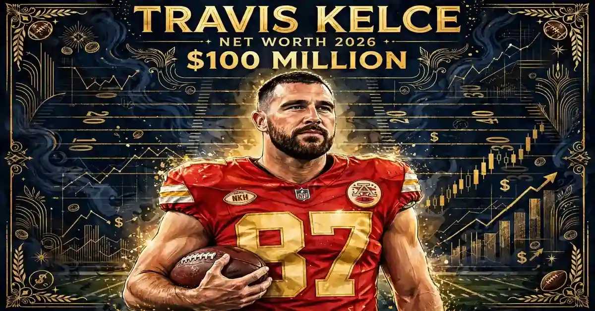 Travis Kelce net worth 2026 — estimated $90 to $110 million fortune infographic