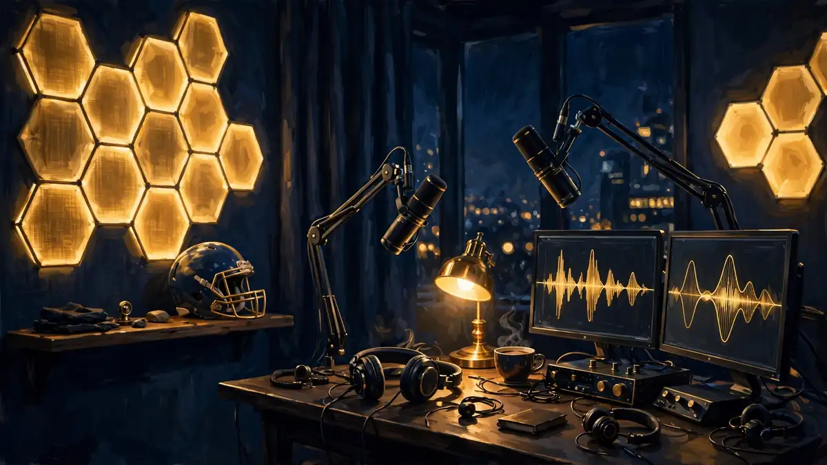 Illustrated podcast studio scene for the New Heights $100 million Wondery deal