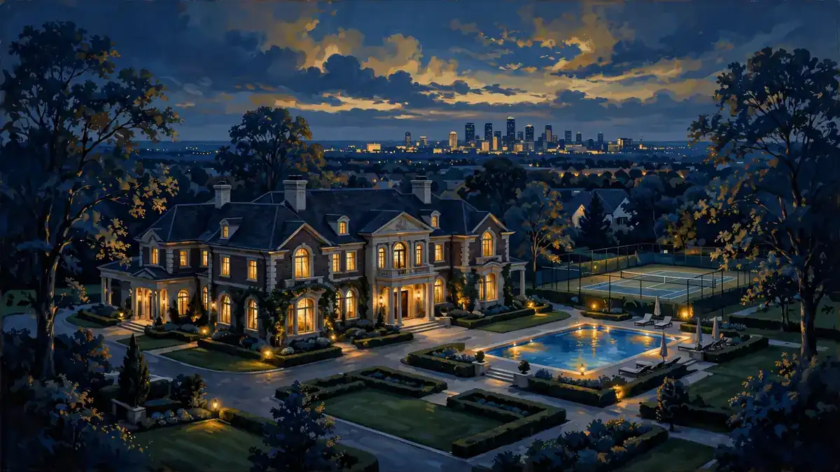 Illustrated luxury suburban mansion at dusk with pool and tennis court