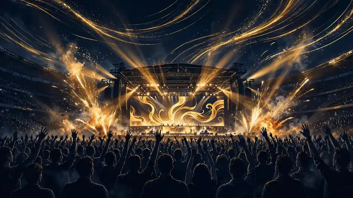 Illustrated night stadium concert with golden spotlights and pyrotechnics, evoking Travis Scott's Circus Maximus tour