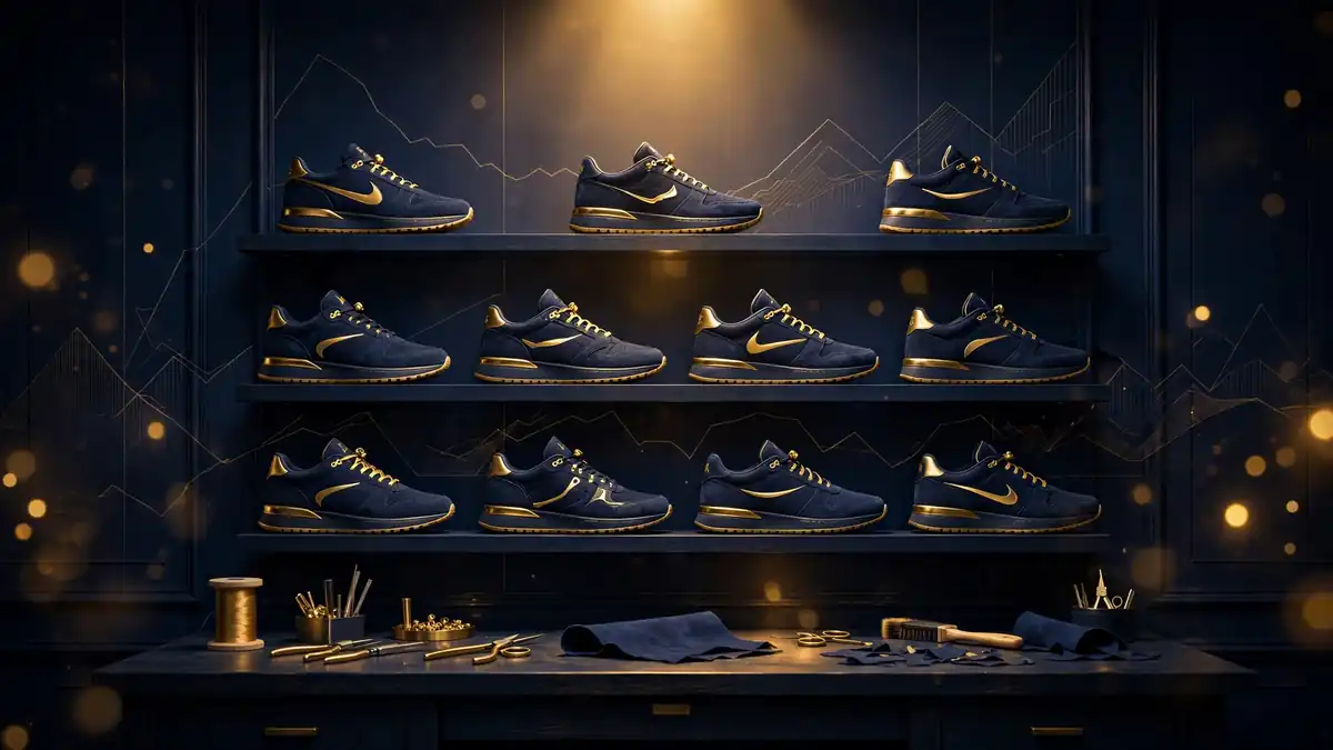 Illustrated display wall of navy and gold sneakers with gold accents, evoking Travis Scott's Cactus Jack footwear partnership