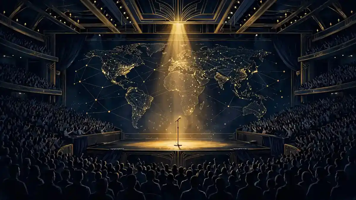 Illustrated packed arena during a global stand-up comedy world tour, golden spotlight on a lone microphone