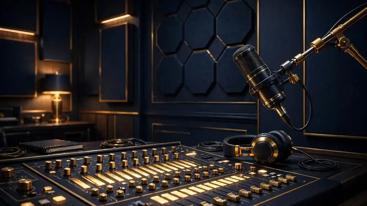 Illustrated premium podcast studio with professional microphone, headphones and glowing mixing console