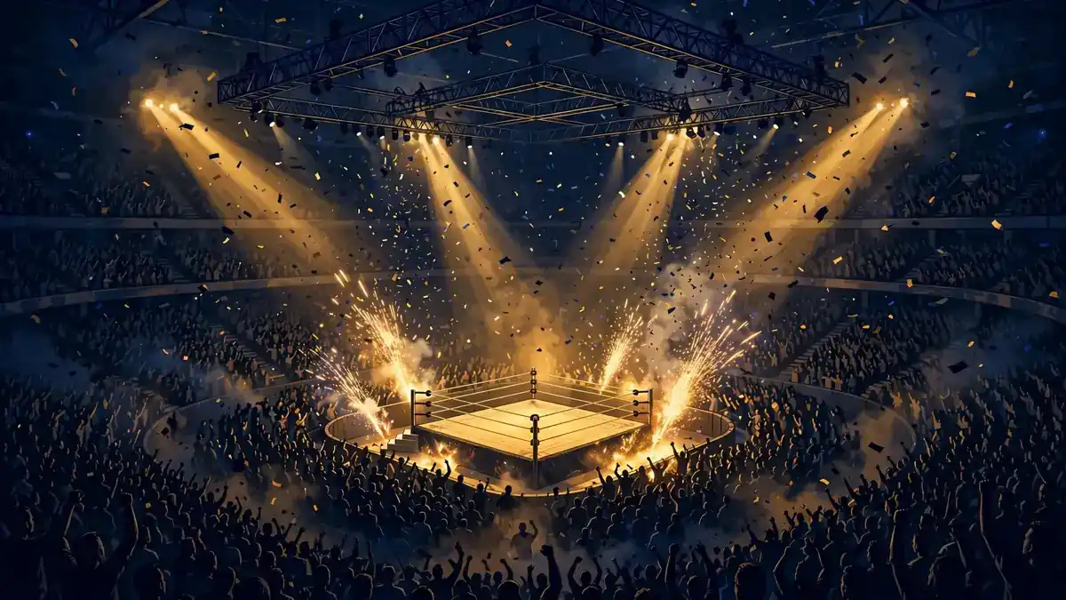 Packed wrestling arena under gold spotlights, illustrating Triple H's three decades as a WWE main-event star