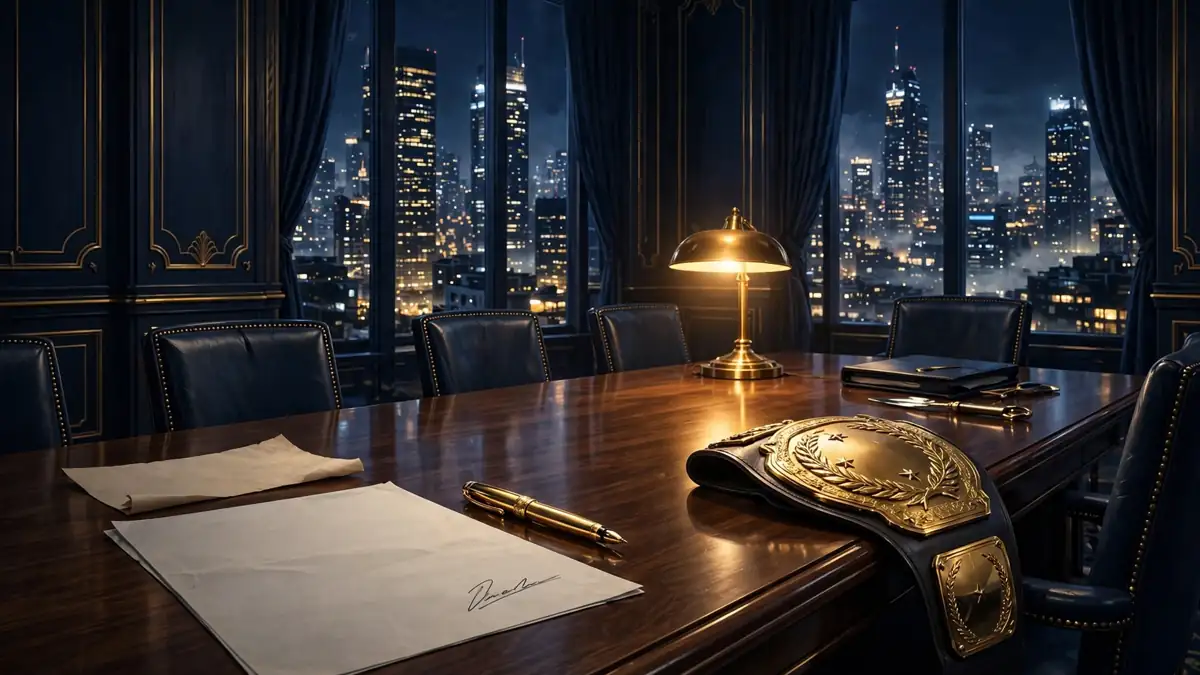 Executive boardroom scene representing Triple H's multi-year TKO contract as WWE's Chief Content Officer