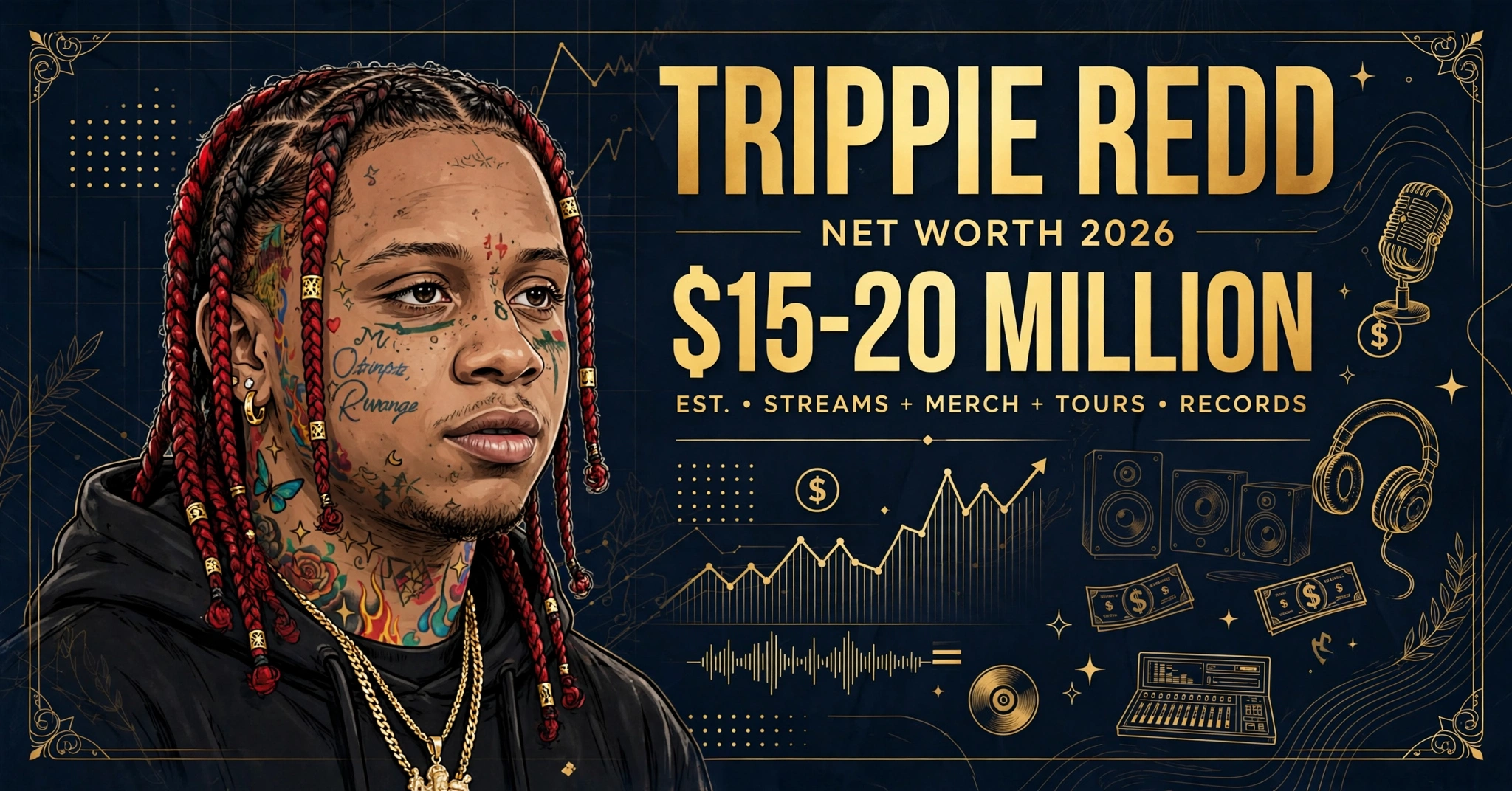 Trippie Redd net worth 2026 — estimated $15 to $20 million fortune infographic