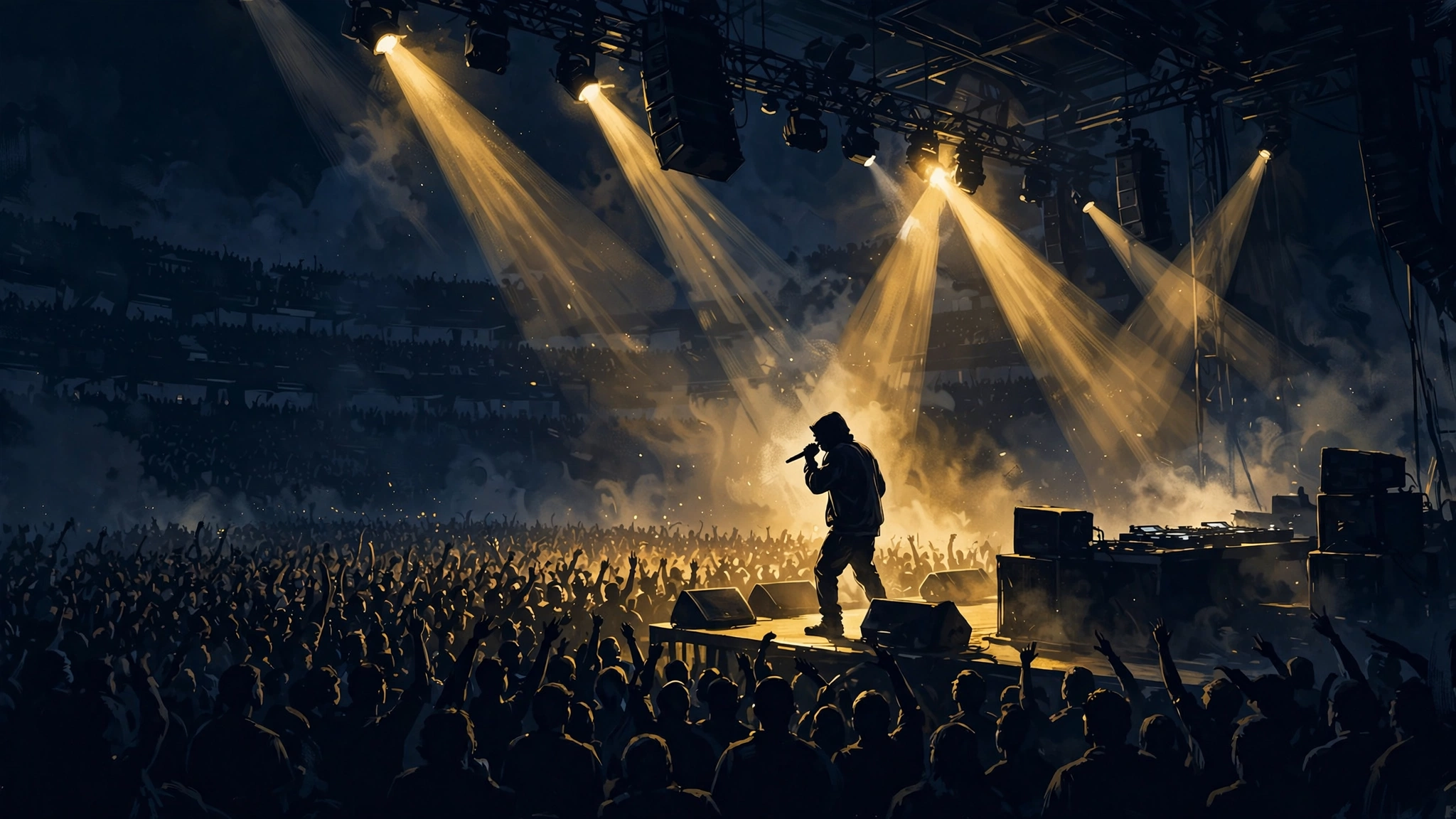 Illustrated hip-hop concert in navy and gold, capturing the scale of Trippie Redd's 2026 Non-Disclosure Agreement Tour