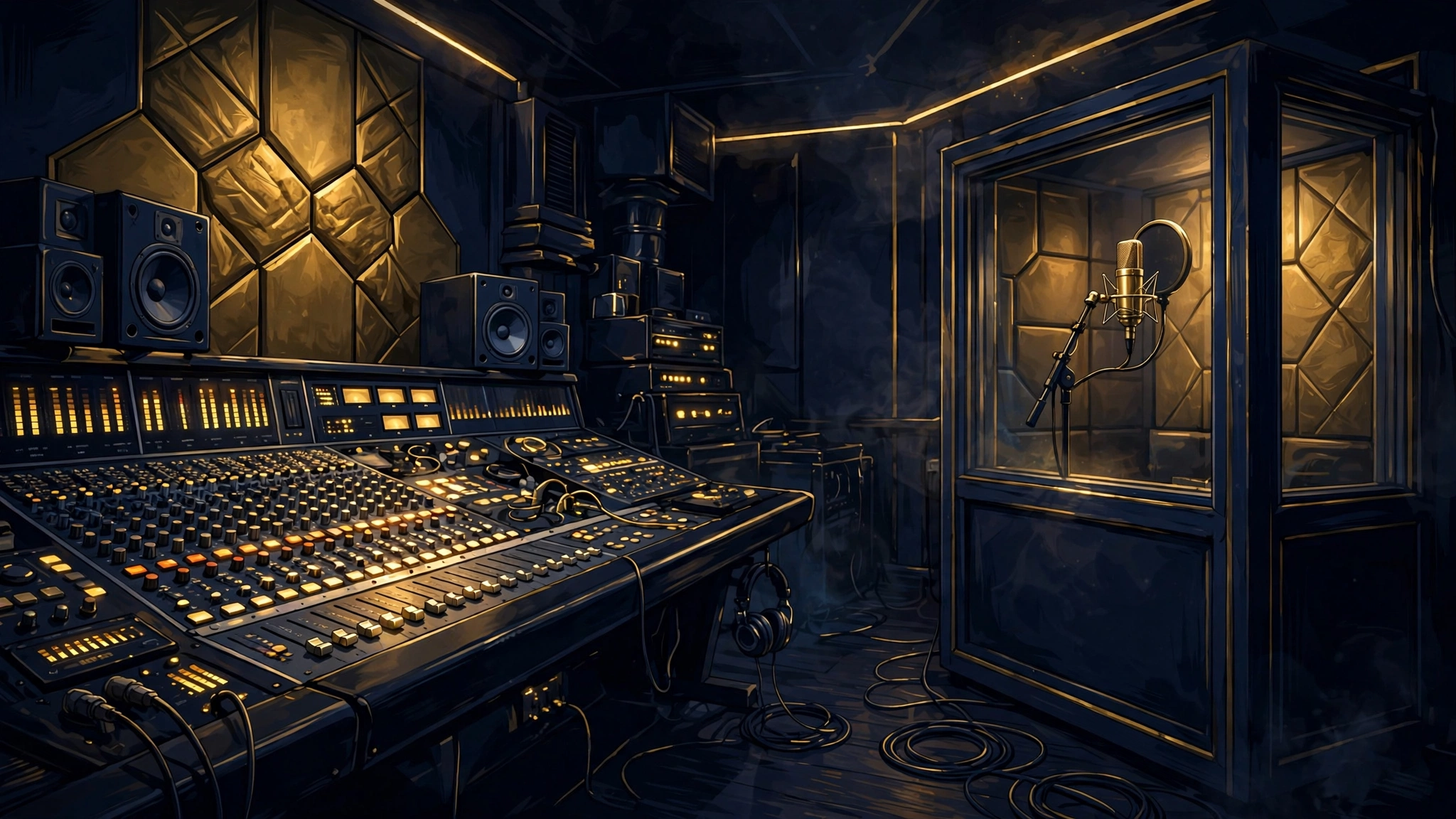 Illustrated recording studio in navy and gold, representing the sessions behind Trippie Redd's 2026 double album NDA and #NDA