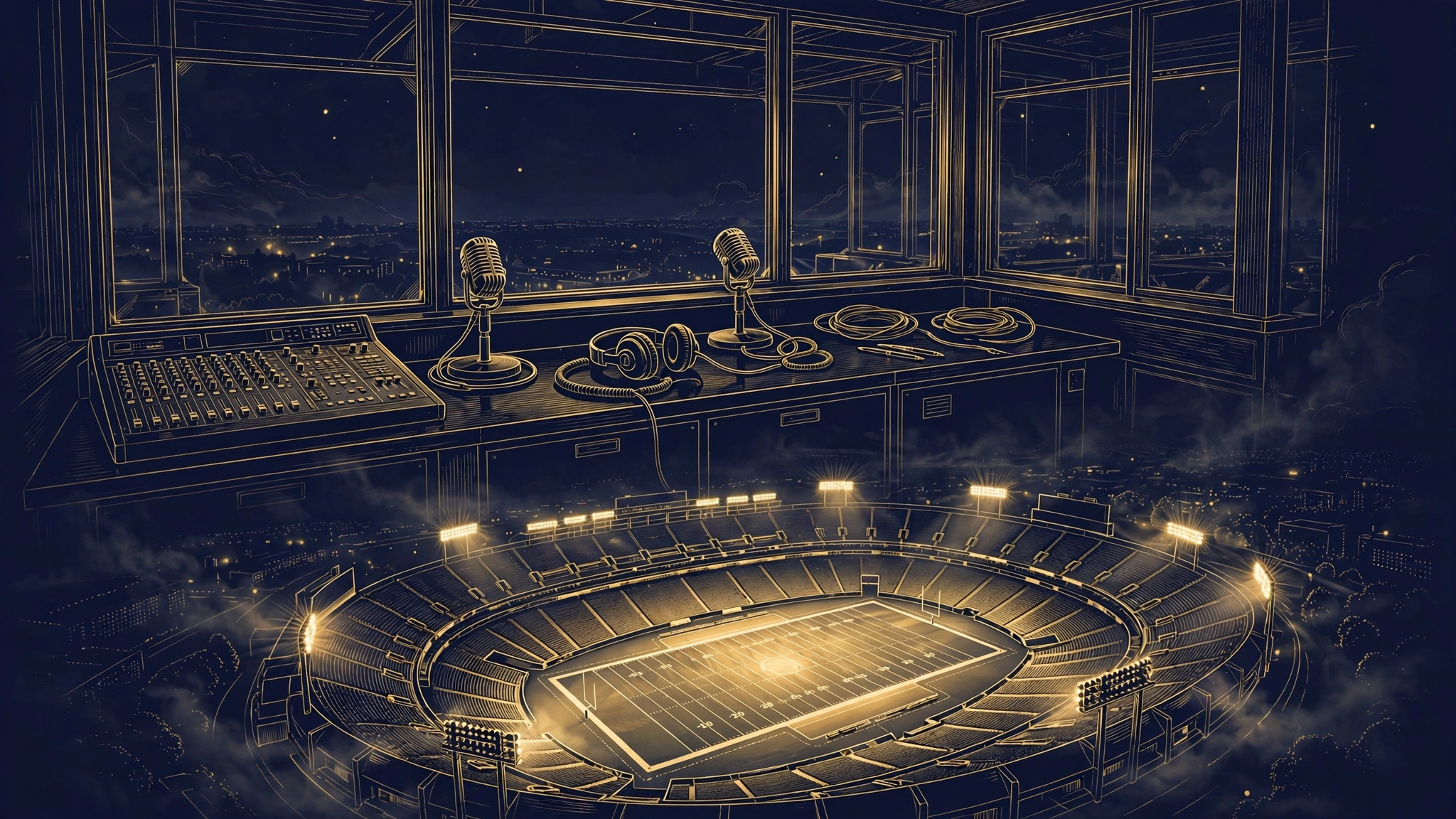 Illustrated Monday Night Football broadcast booth in navy and gold