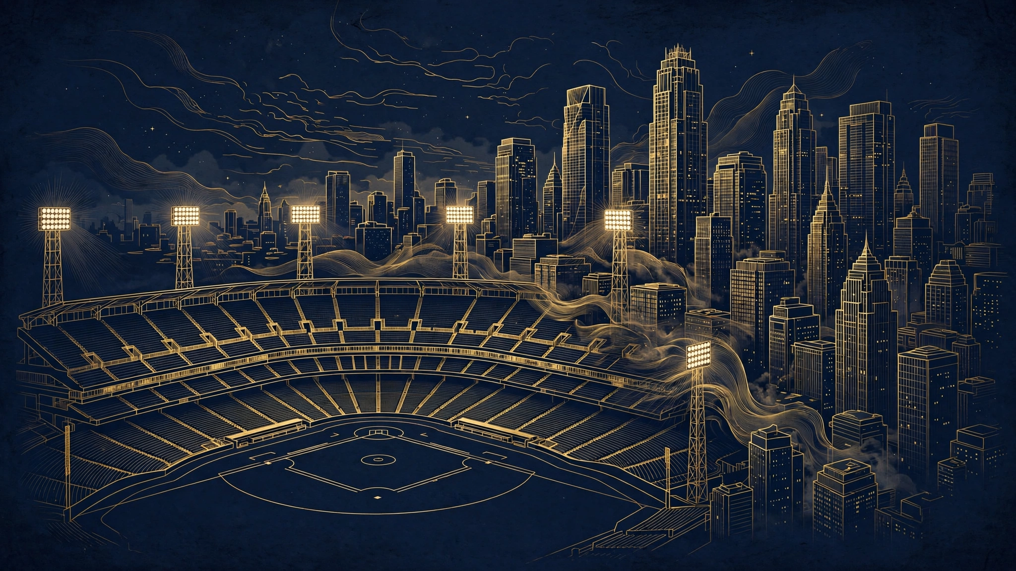 Illustrated baseball stadium and business skyline in navy and gold