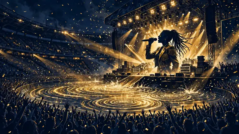 Illustrated pop star performing on a packed stadium stage with golden lights, representing Tyla's $150K–$300K-per-show live business