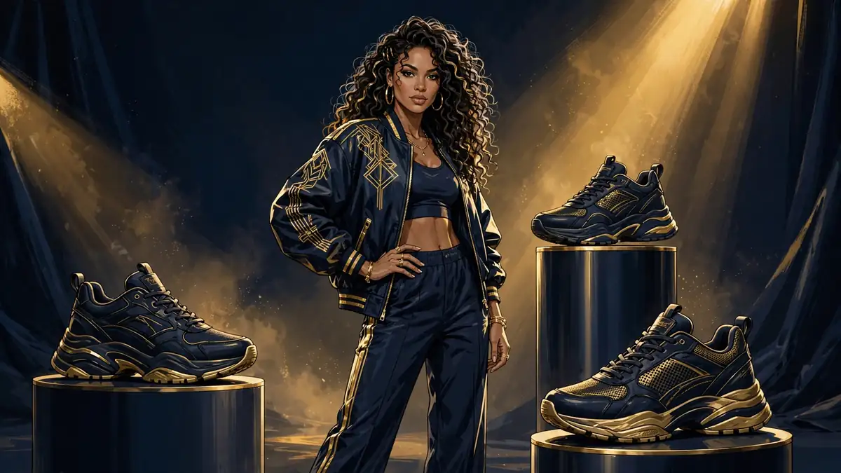 Illustrated pop star in a gold-lit sneaker brand campaign studio, representing Tyla's Nike and fashion endorsement portfolio