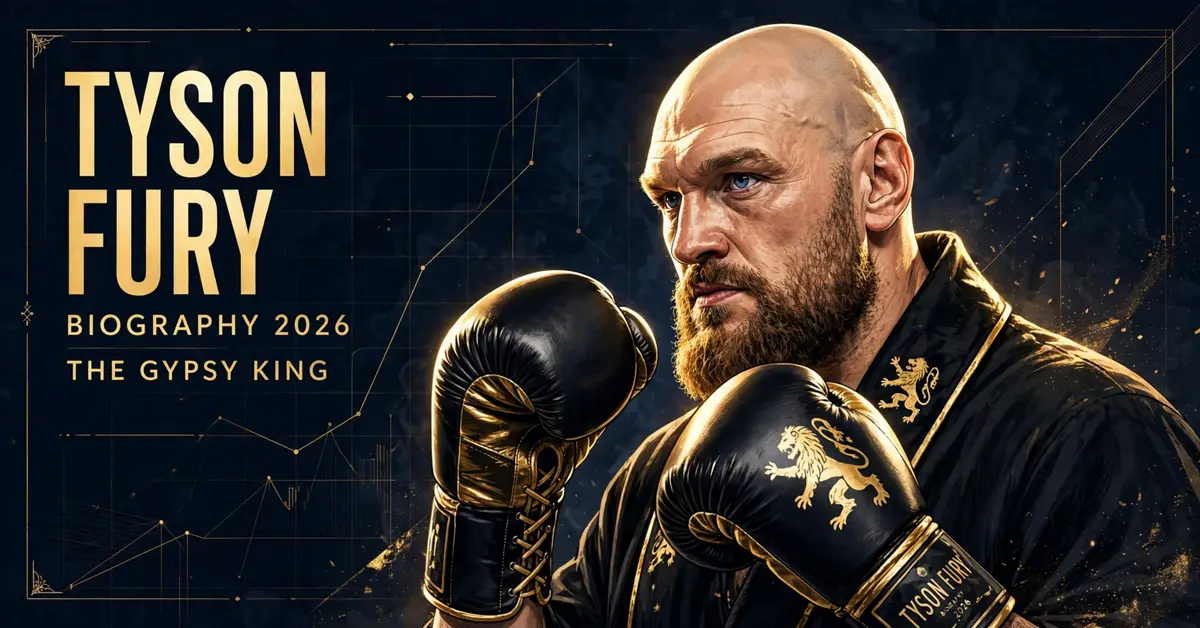 Tyson Fury biography 2026 — stylized illustrated portrait of the Gypsy King with TYSON FURY BIOGRAPHY 2026 THE GYPSY KING text