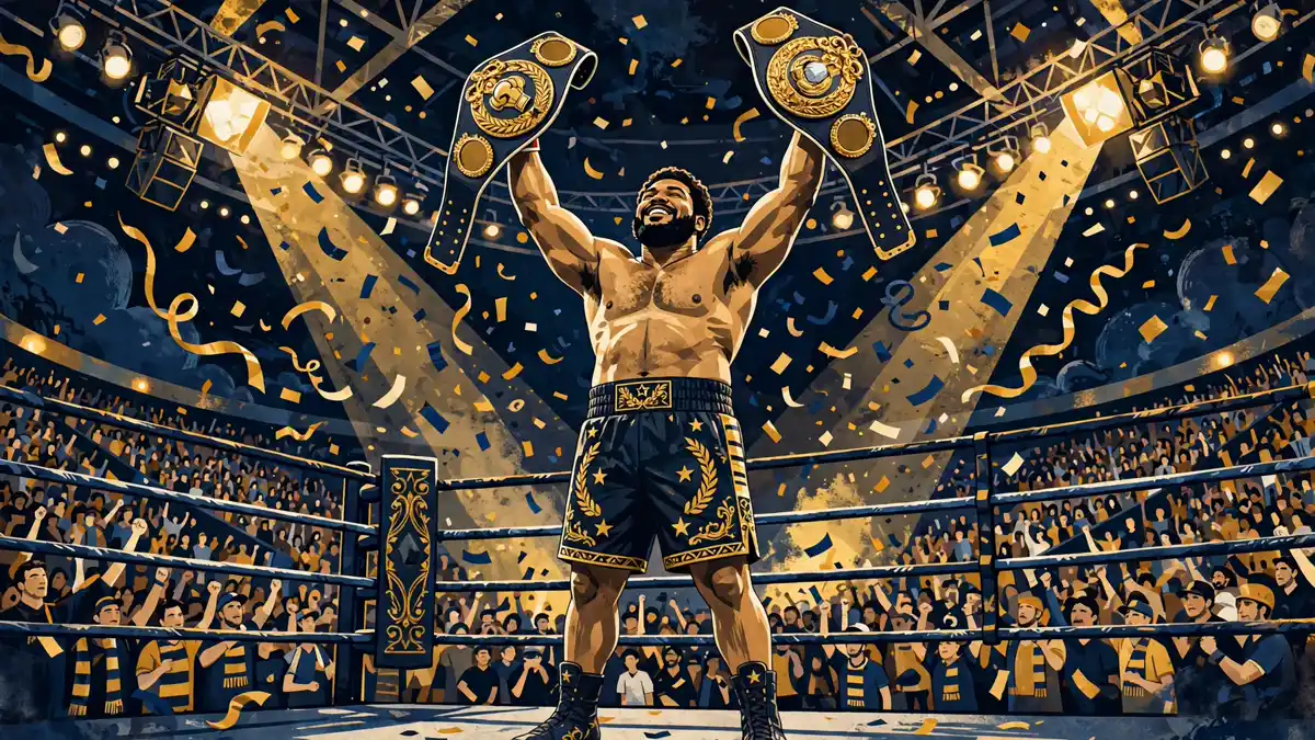 Illustrated heavyweight boxer holding two championship belts overhead in a packed arena under bright lights